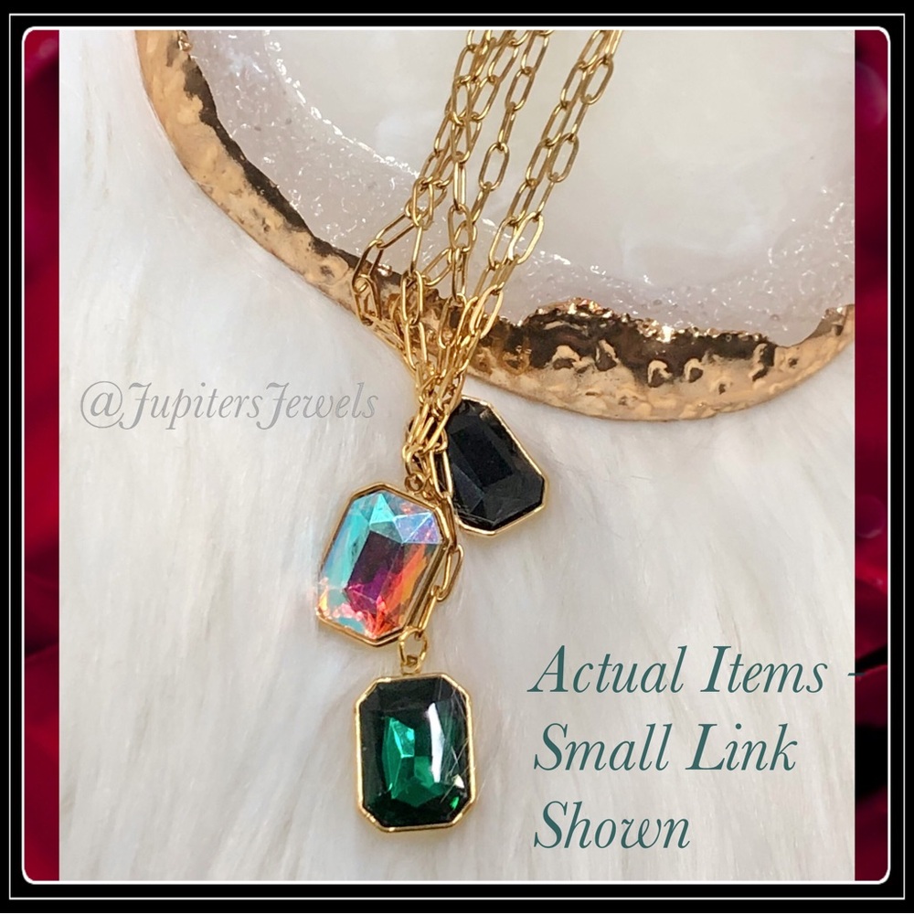 14k Gold Aurora Borealis Prism Emerald Cut Crystal Minimalist Paperclip Necklace - Picture 9 of 9